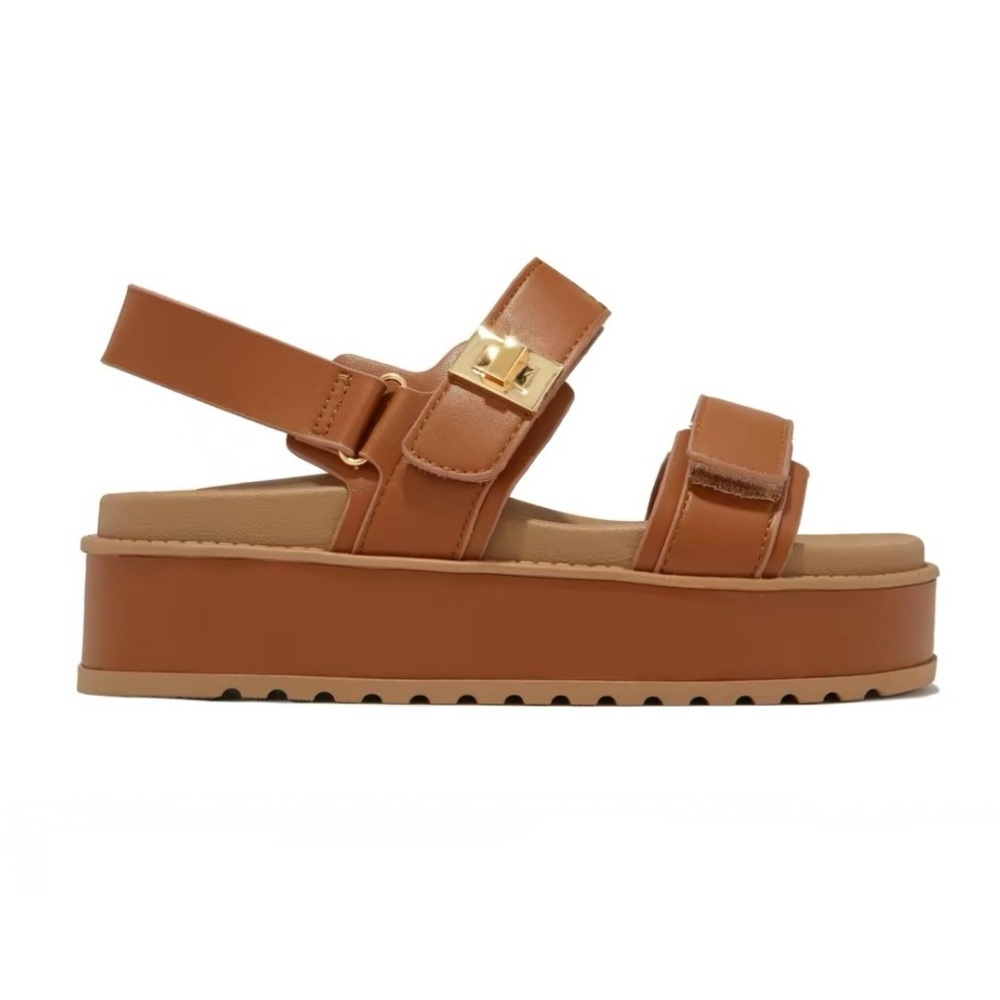 Tan Double Velcro Straps Platform Sandals - Picture 4 of 6